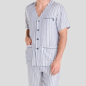 Pijama verano corto hombre con botones rayas marino