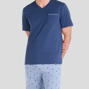 Pijama verano corto de hombre azul palmeras
