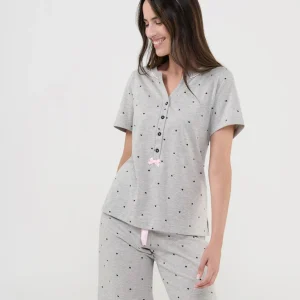 Pijama corto de mujer manga corta gris corazones