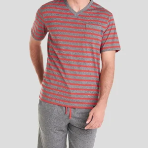 Pijama corto hombre rayas rojas