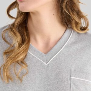 Pijama largo mujer melange gris rayas cuello pico
