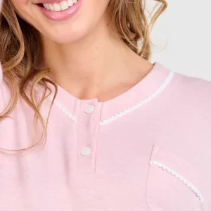 Pijama largo mujer melange rosa cuello pico