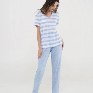 Pijama largo de mujer a rayas azul vigoré