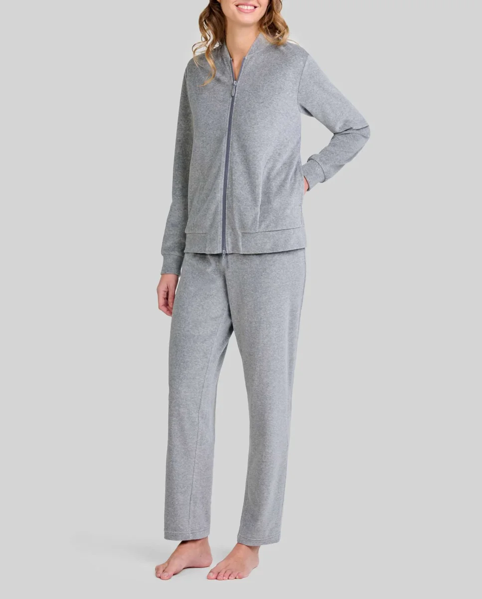 Pijama mujer abierto terciopelo gris con cremallera
