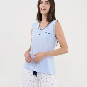 Pijama de mujer corto sin mangas mixto cerezas azules