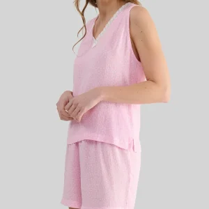 Pijama mujer corto sin mangas rosa a topitos