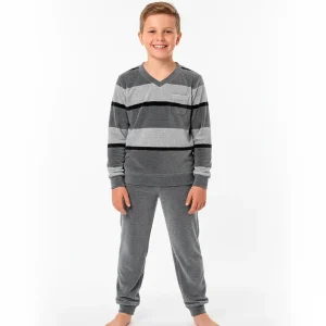 Pijama niño para invierno terciopelo gris rayas