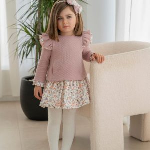 Vestido 0623  rosa con volantes y falda estampada – Miranda
