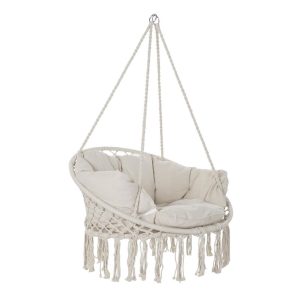 Silla Colgante de Macramé Beige con Cojín para Exterior e Interior