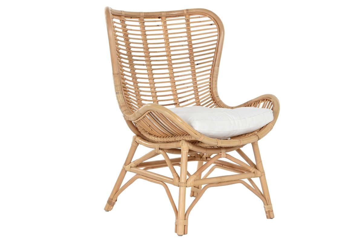 Sillón de Bambú y Ratán Natural con Cojín Blanco Crudo