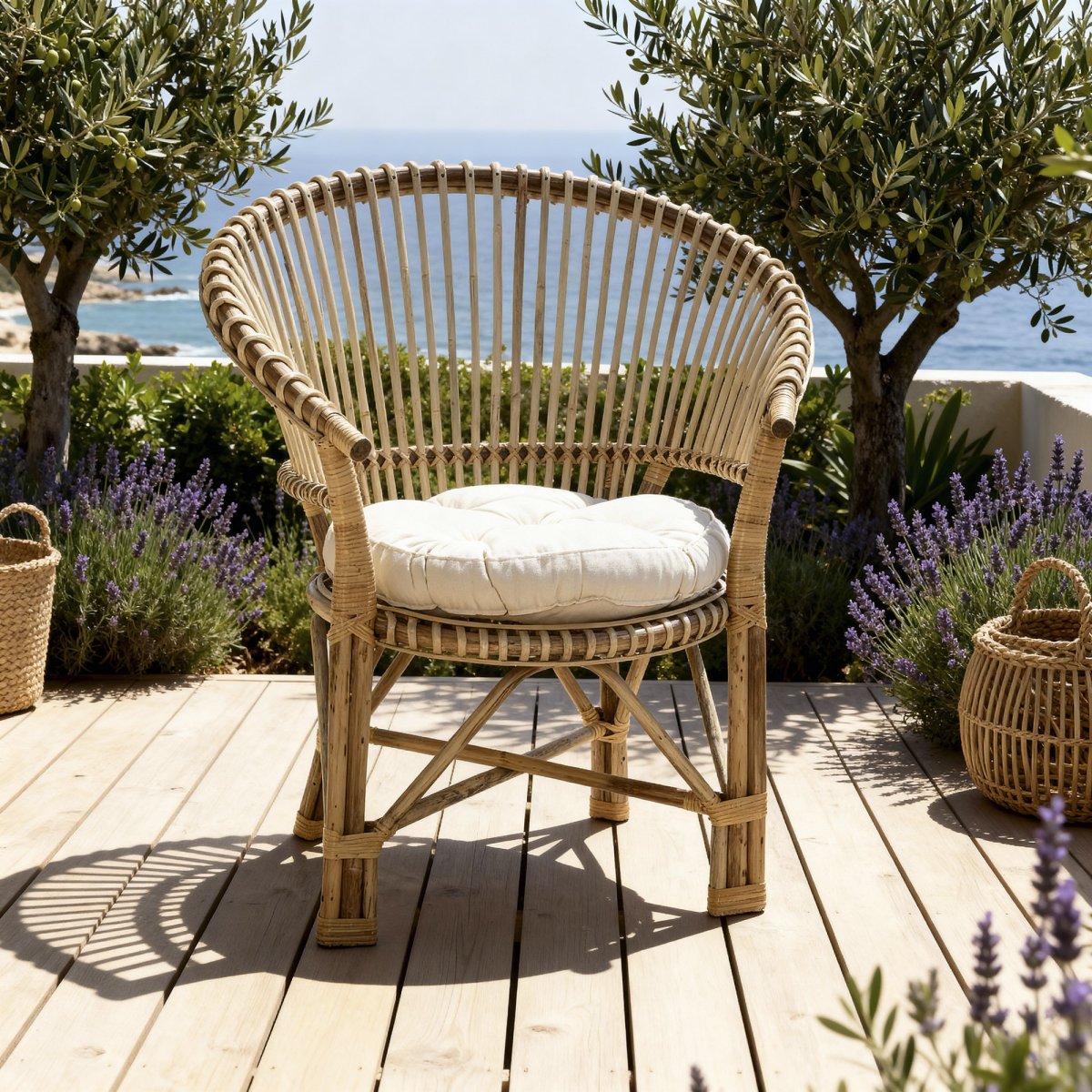 Sillón de Bambú y Ratán Natural con Cojín Crudo - Imagen 3