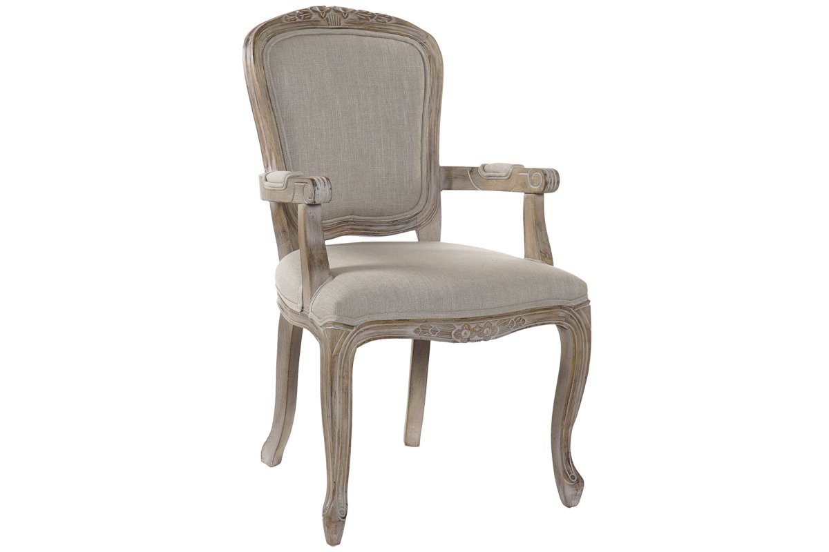 Sillón Butaca Lino Beige y Madera Decapada Estilo Clásico