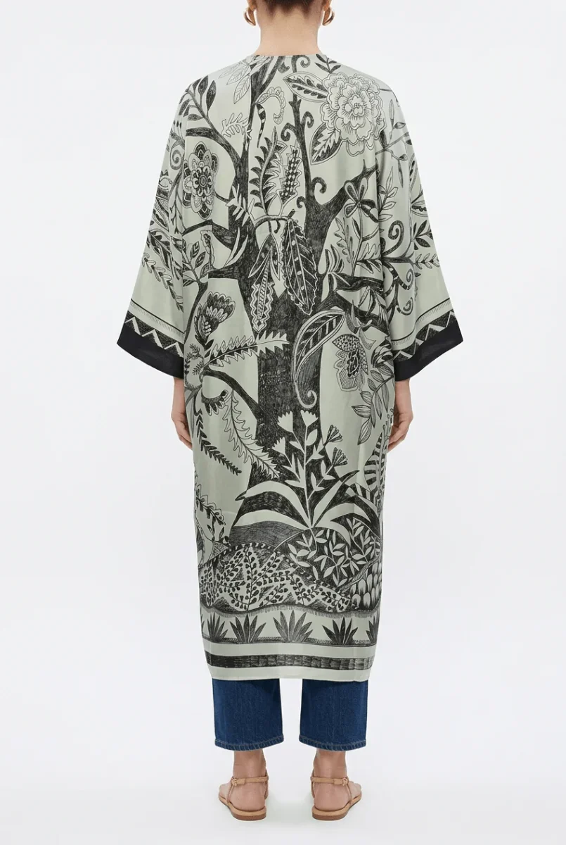 Kimono Barbieri Largo Estampado Arbol Gris Claro - Imagen 4