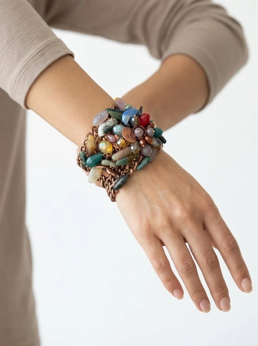 Pulsera Il Baco Da Seta Cadenas Flores y Piedras Verde