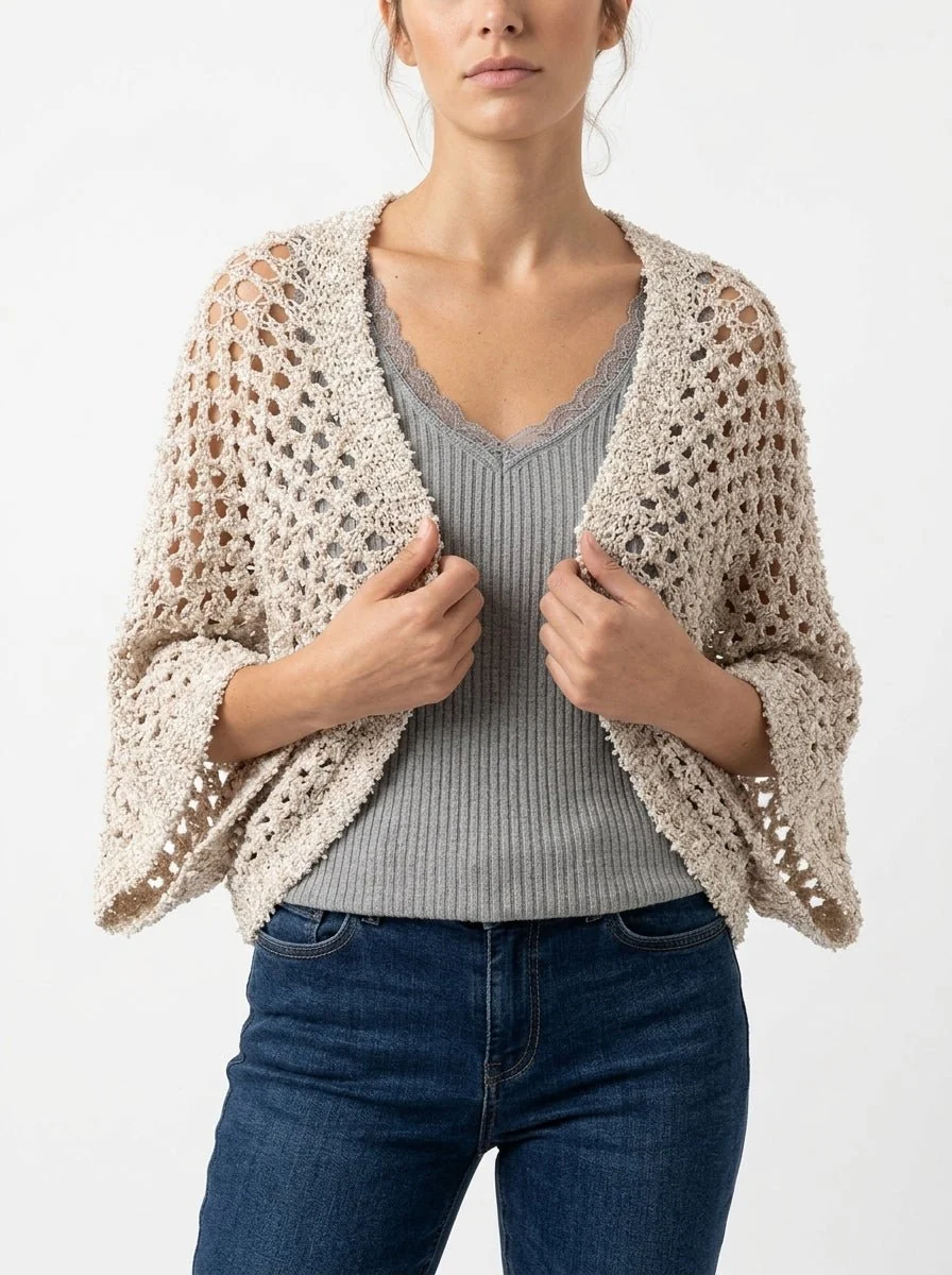 Cardigan Byu Bolero Calado Blanco Beige - Imagen 3