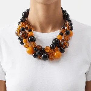 Collar Fabrizio Marcantelli Bolas Alternadas 3 Tiras Caramelo y Negro