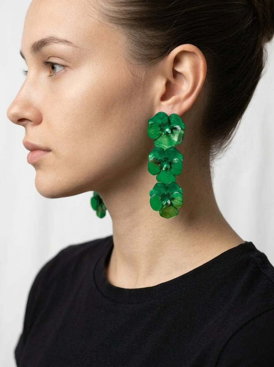 Pendientes Il Baco Da Seta 3 Flor Resina Verde - Imagen 2