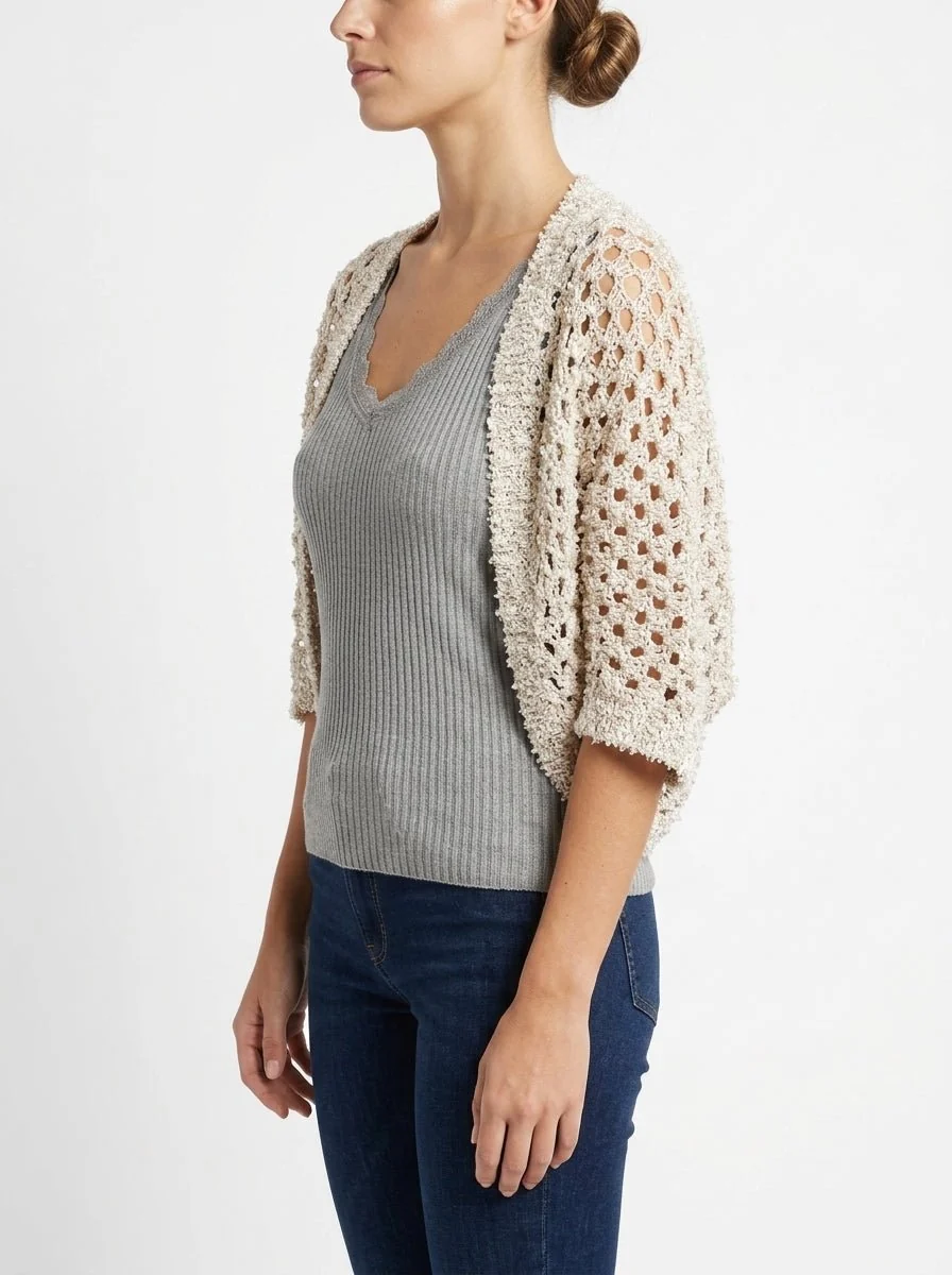 Cardigan Byu Bolero Calado Blanco Beige - Imagen 4