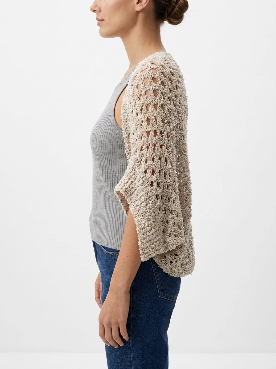 Cardigan Byu Bolero Calado Blanco Beige - Imagen 2