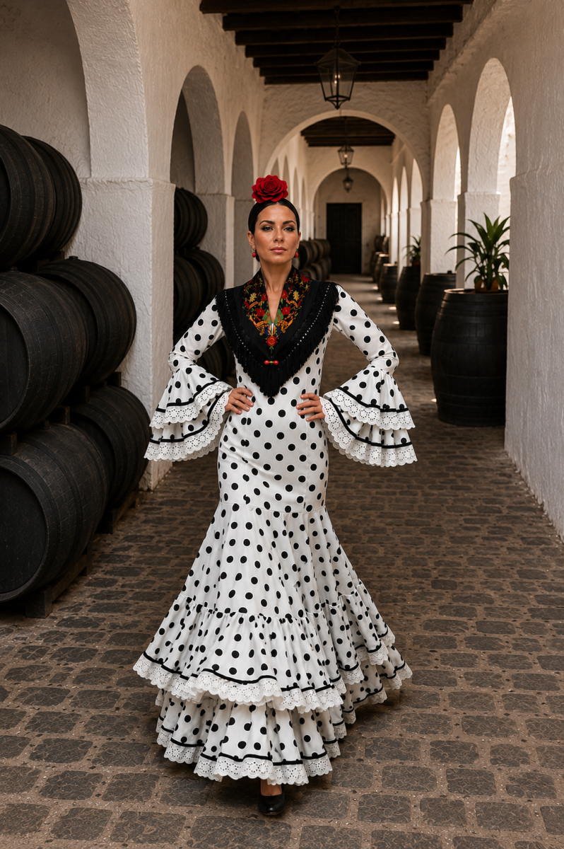 Traje de Flamenca Carmen de Triana Blanco y Negro 2027/Ana Faura