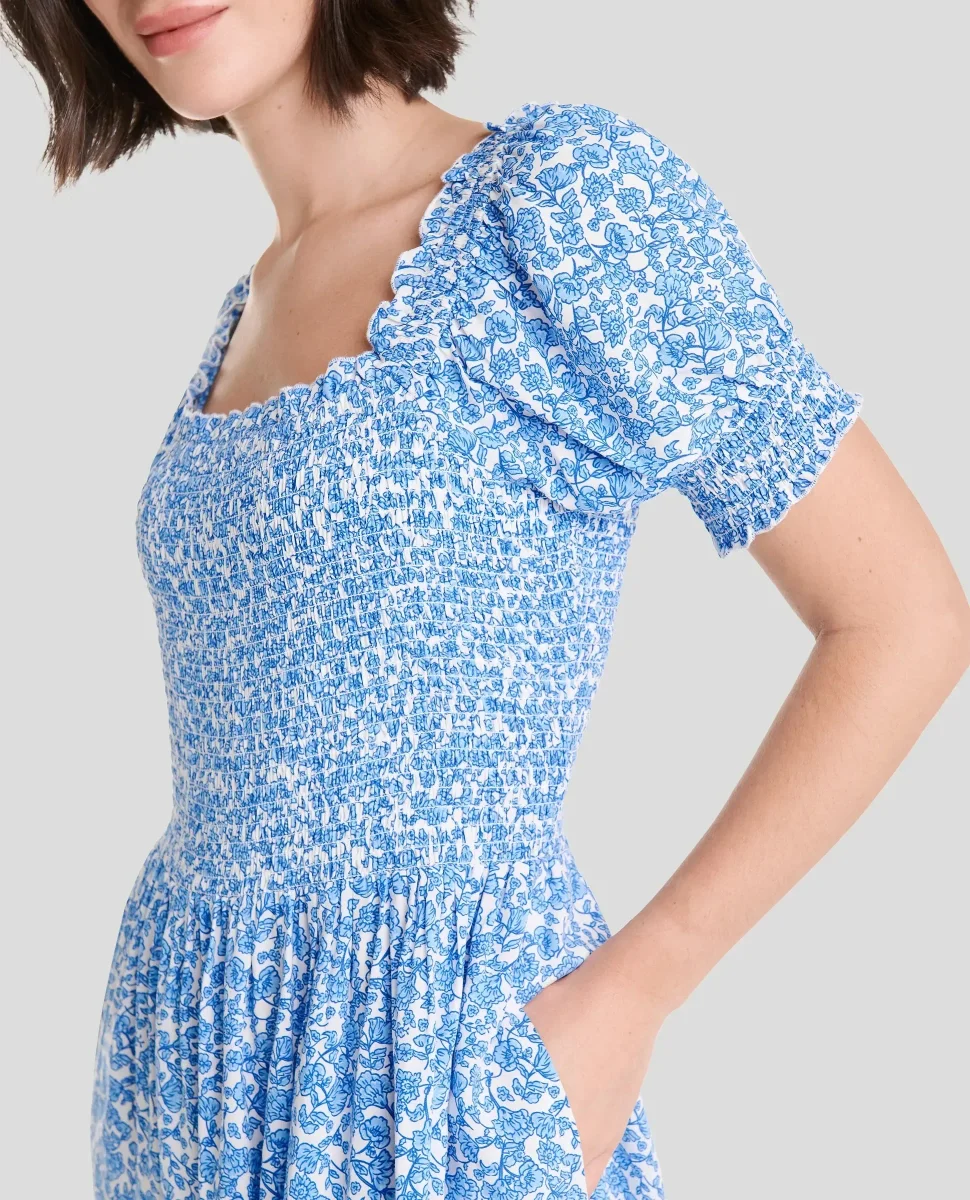 Vestido largo de verano azul flores top nido abeja - Imagen 2
