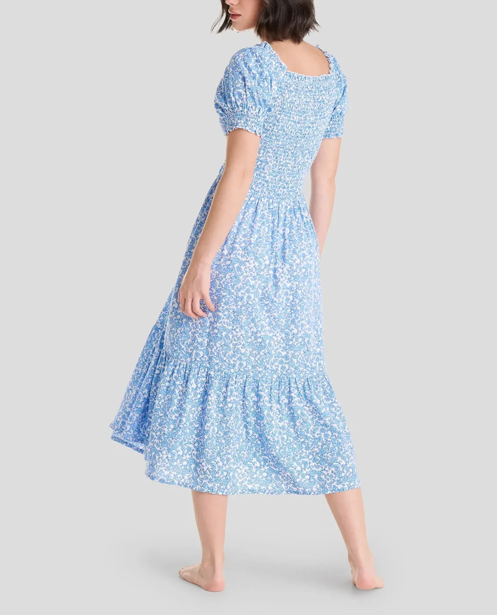 Vestido largo de verano azul flores top nido abeja - Imagen 4