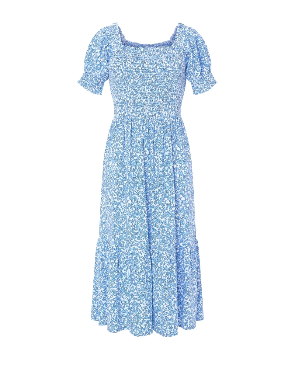 Vestido largo de verano azul flores top nido abeja - Imagen 5