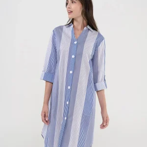 Vestido corto playero abierto botones a rayas azules
