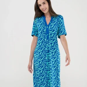 Vestido corto de manga corta ondas cuello botones