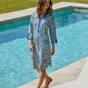 Vestido de mujer estampado étnico azul cuello botones