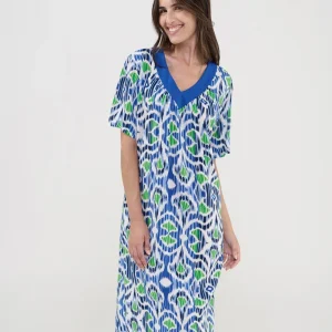 Vestido de mujer estampado étnico azul cuello pico